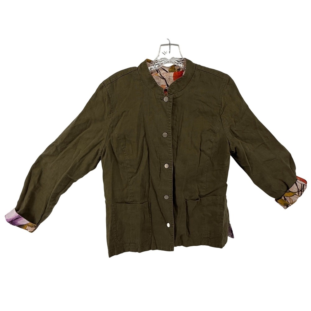 Olive Green Floral Lined Reversible Utility Jacket Front Pockets Buttons